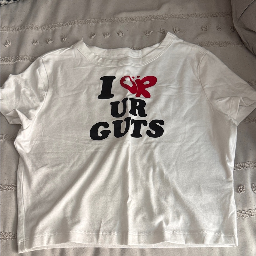 Womens White Graphic Tee with Red Accent - I ♥ UR GUTS